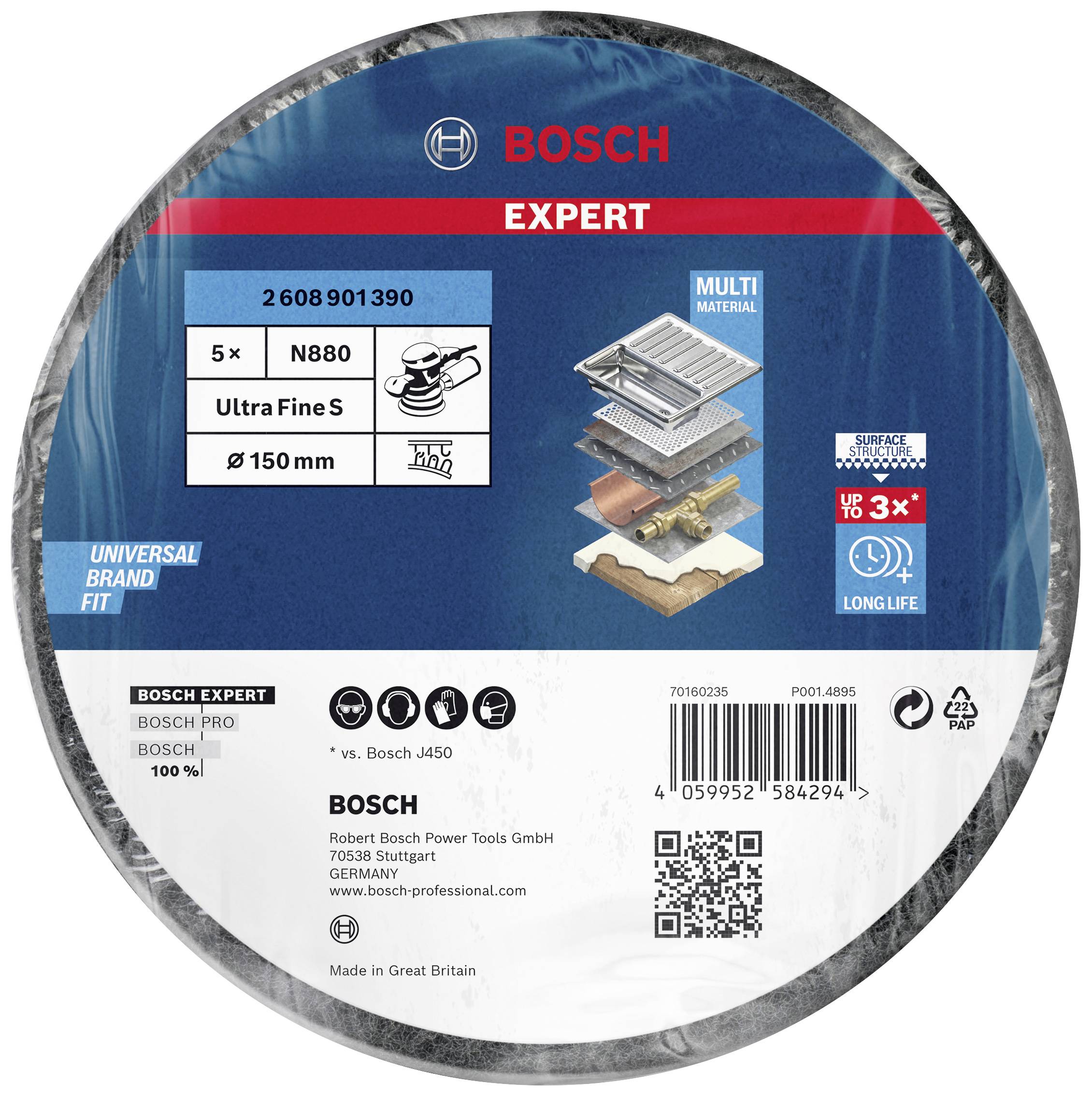 Brusna ploča za višestruke materijale, 150 mm, Ultra Fina. Sadržava 5 ploča. Bosch Expert serija. Dugog vijeka trajanja. Izrađeno u Britaniji.