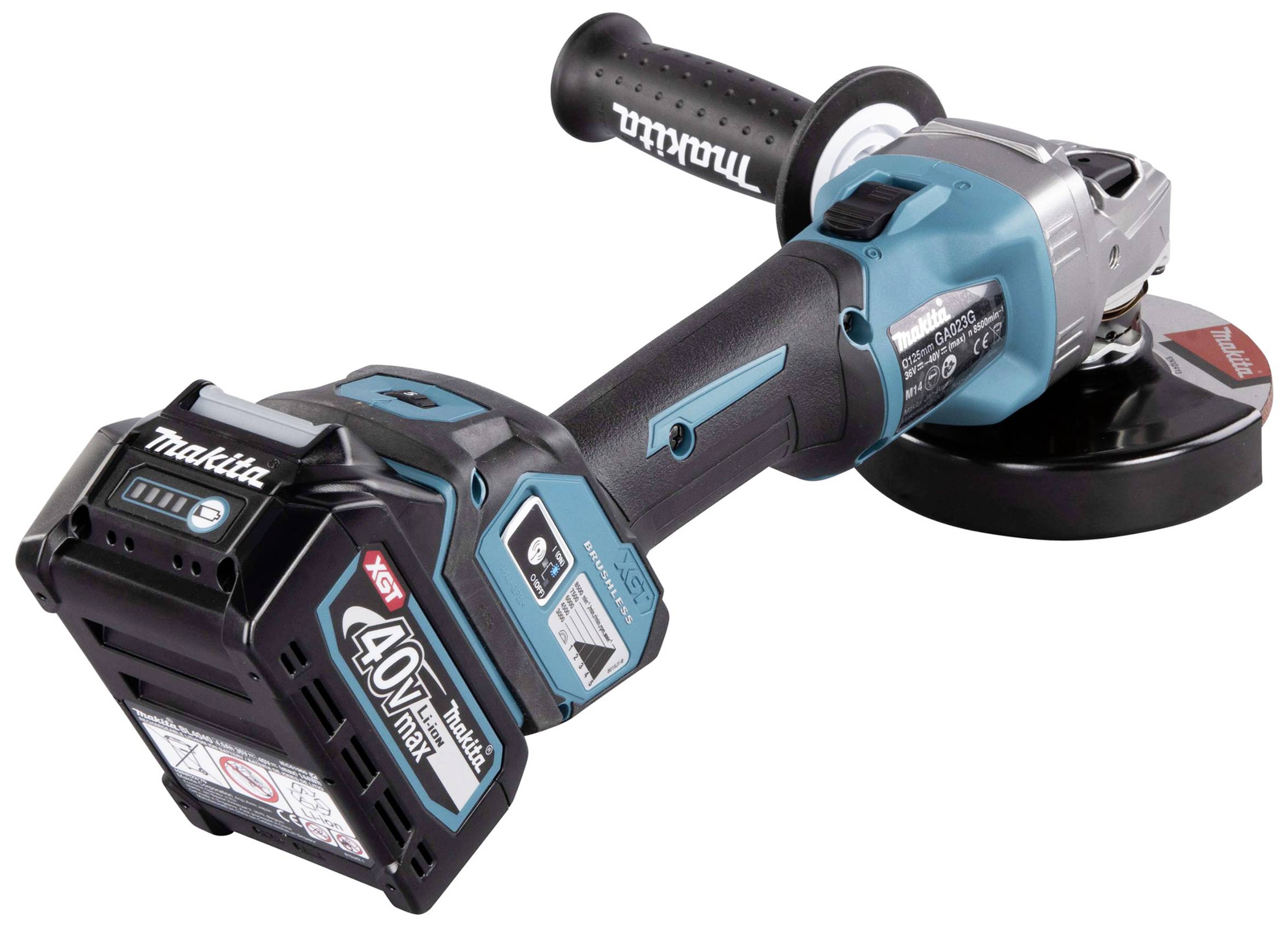 Makita akumulatorska kutna brusilica, model s 40V akumulatorom, ergonomskom ručkom i zaštitnim poklopcem, pogodan za raznovrsne rezne radove.