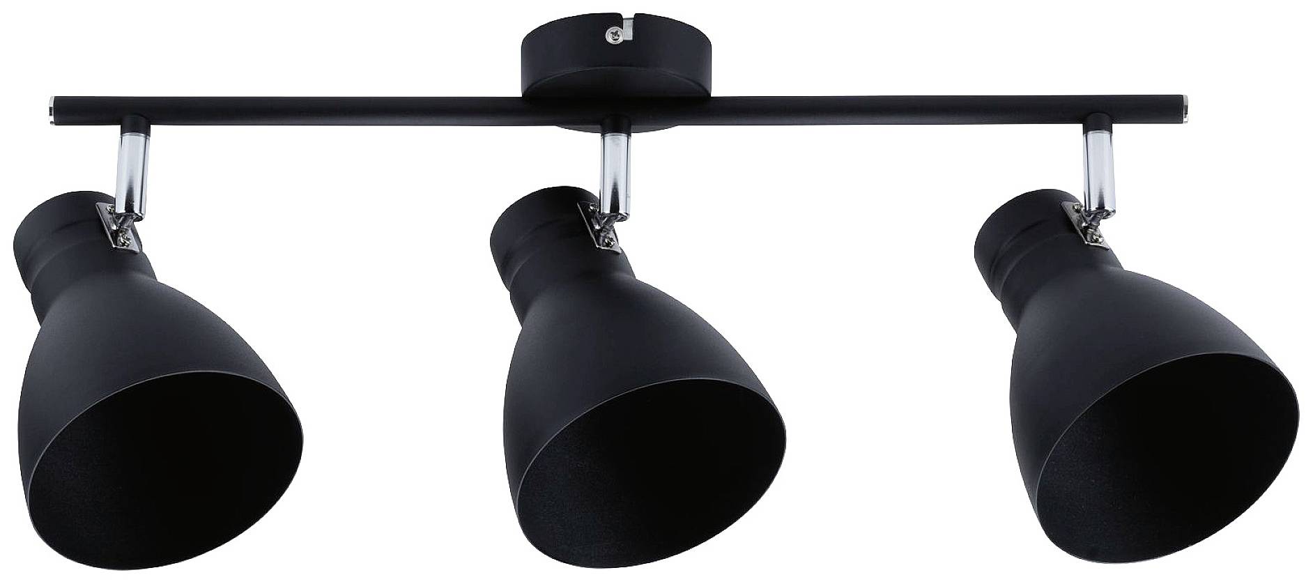 Crna stropna lampa s tri podesiva sjenila, postavljena na horizontalnoj šipki.