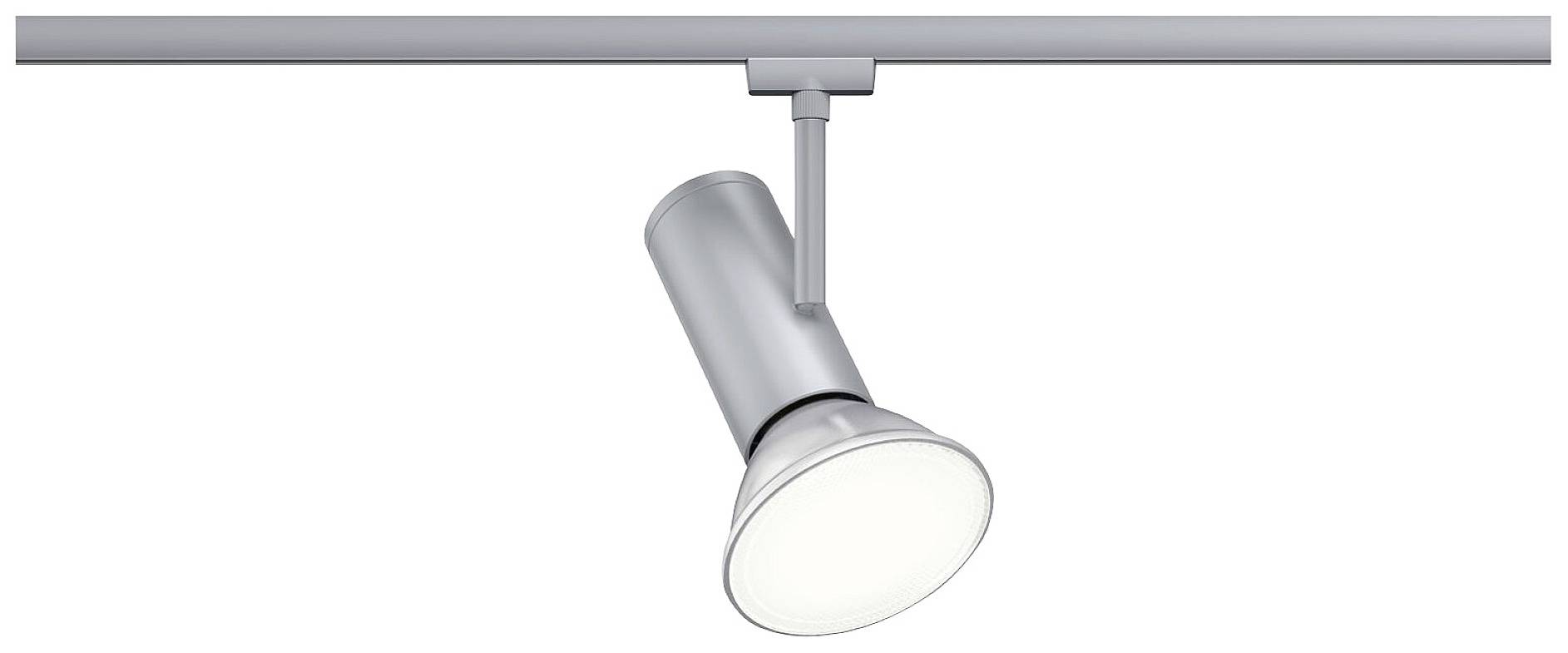Srebrni stropni reflektor montiran je na šini te osvjetljava prostor izravno ispod njega. Minimalistički dizajn.