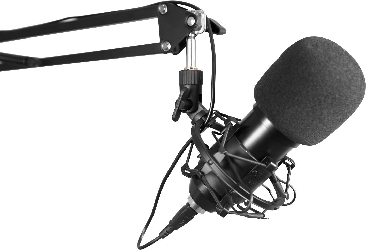 Crno mikrofon na podesivoj ruci, pogodan za snimanje i radio emisije.