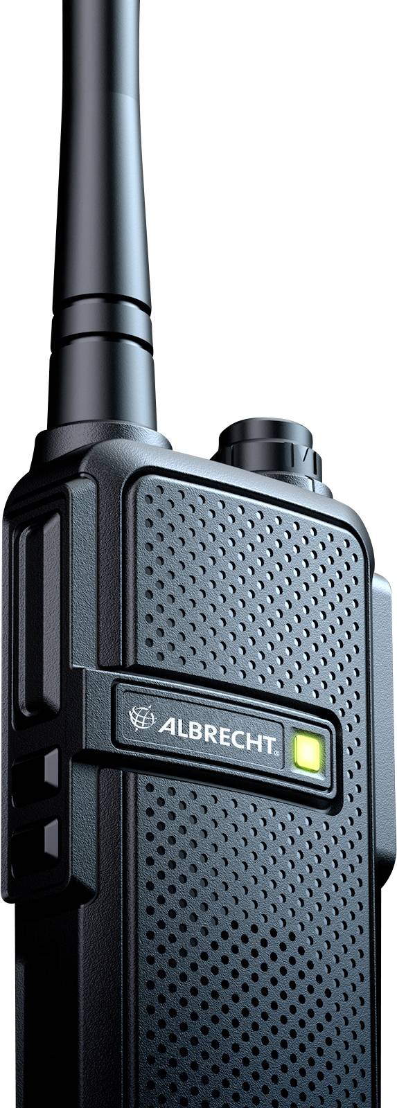 Ručna radio stanica s antenom, crne površine i logotipom marke 'Albrecht'. Uređaj ima osvjetljeni kvadrat na prednjoj strani.