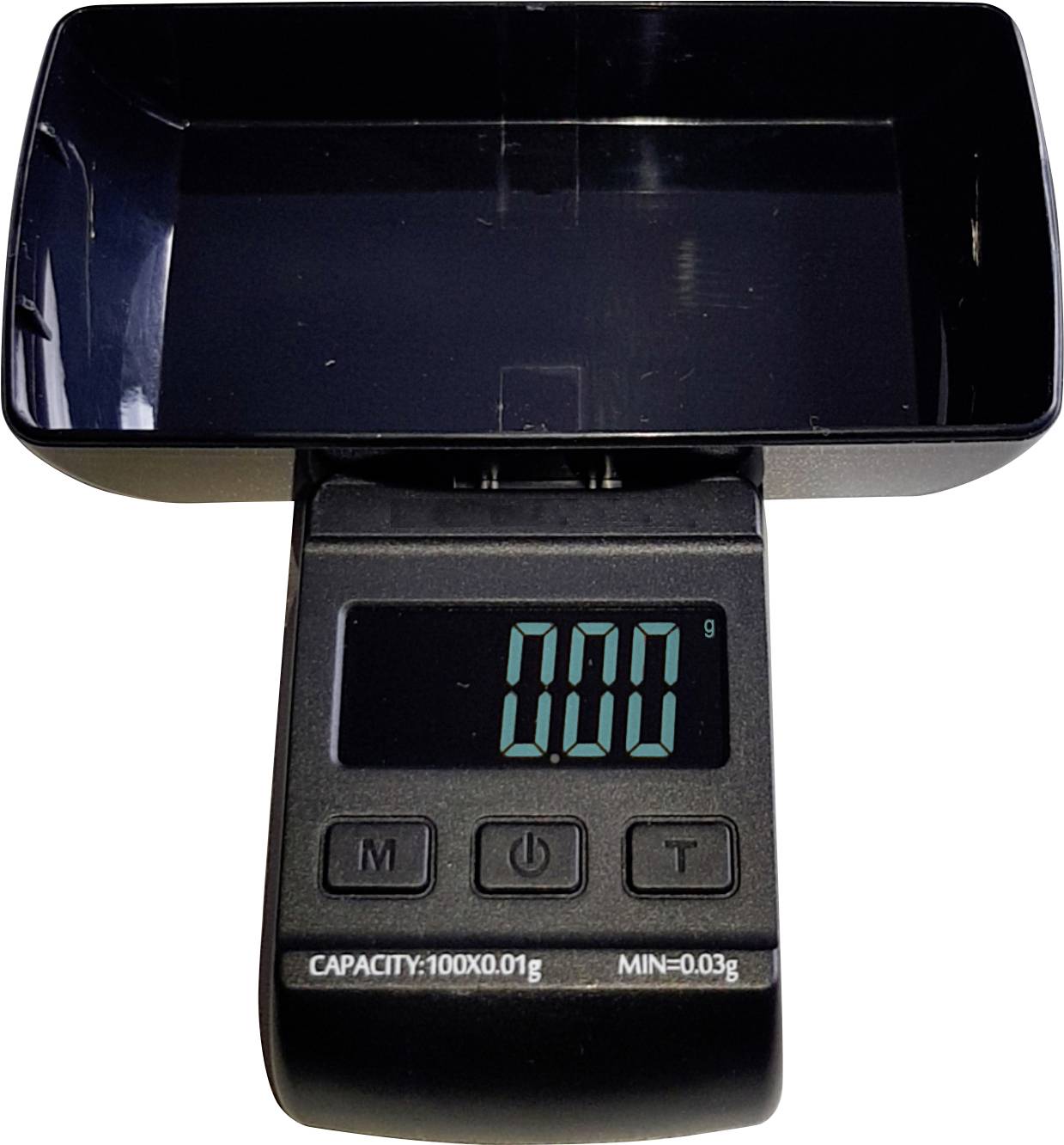 Digitalna kuhinjska vaga s osvjetljenim zaslonom pokazuje '0.00g'. Idealna za precizno vaganje sastojaka. Kapacitet: 100g, minimalna masa: 0.03g.
