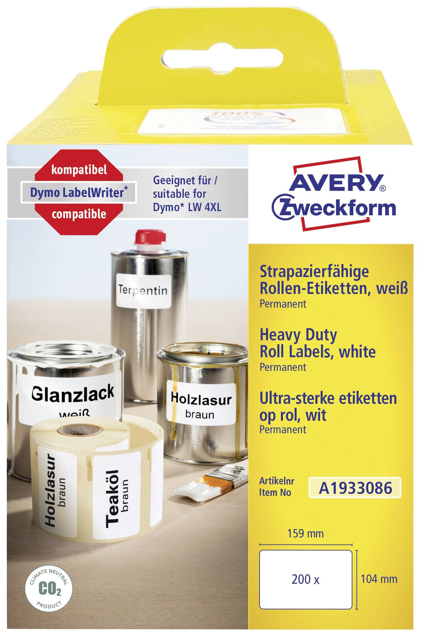 Naljepnice za Dymo LabelWriter, otporne, bijele. Sadržava tekst: Sjajni lak, pčelinji vosak, ulje teka, lazura za drvo, terpentin.