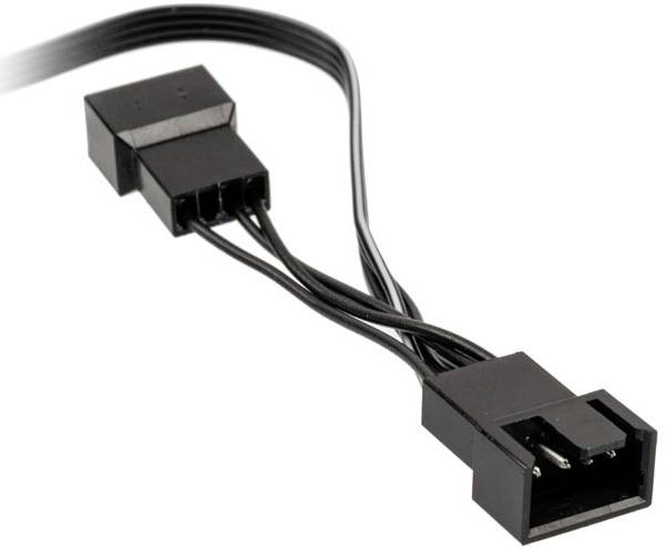Crni Y-kabel s dva tro-pinska priključka i jednim četvero-pinskim priključkom, uglavnom korišten za računalne ventilatore.