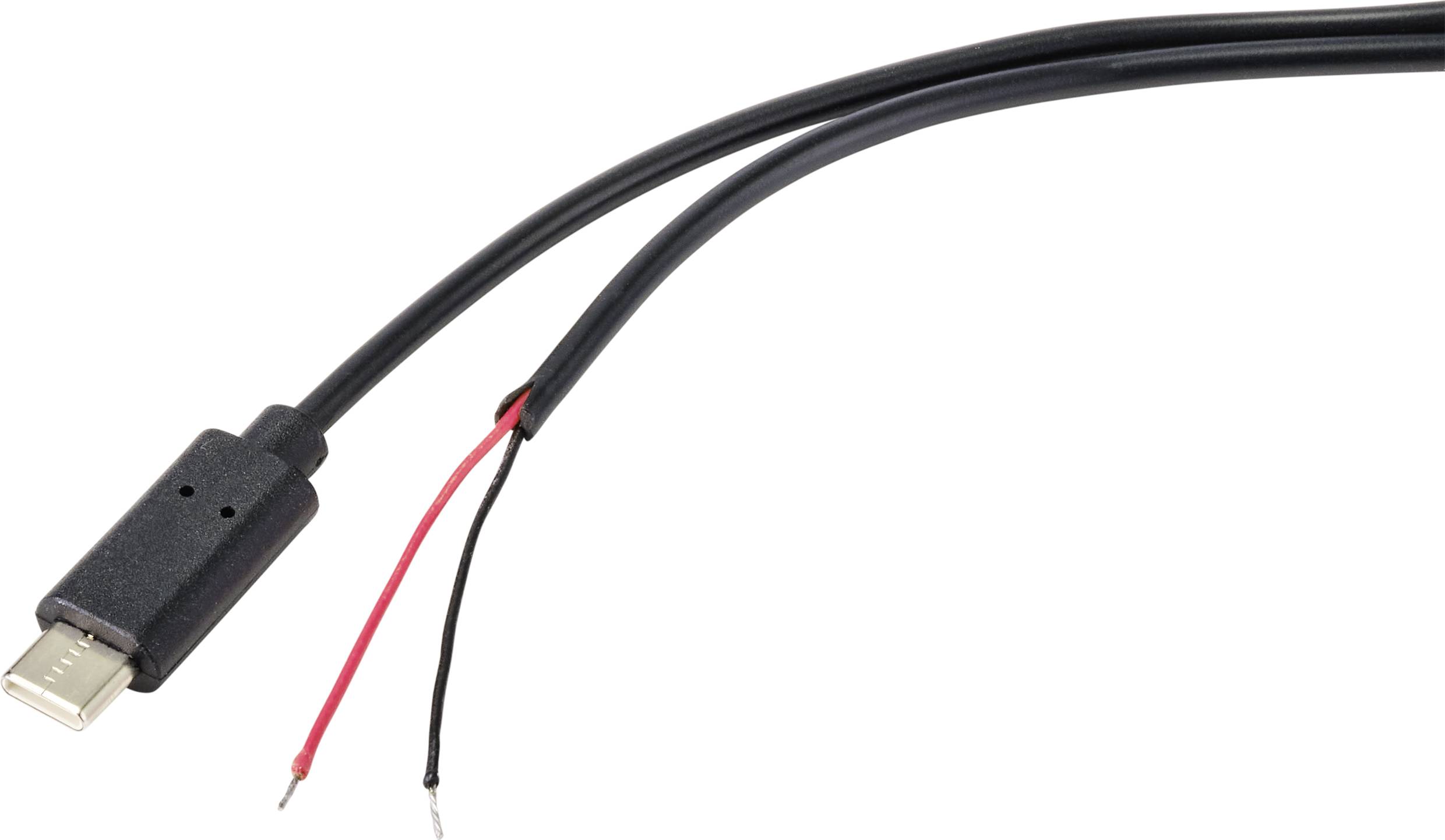 USB-C kabel s otvorenim krajem prikazuje crvene i crne žice.
