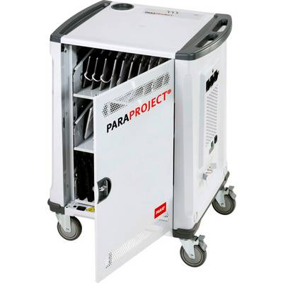 'PARAPROJECT' ormar za punjenje i transport s otvorenim vratima, prikazuje nekoliko pretinaca za elektroničke uređaje. Vidljiva su kotačića za mobilnost.