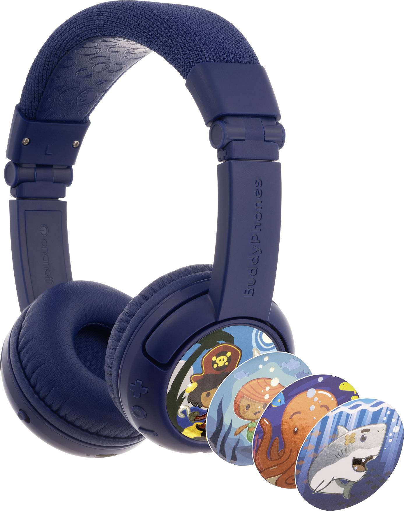 onanoff BuddyPhones® On Ear Headset Bluetooth®, žičani tamnoplava ograničenje glasnoće, sklopive, slušalice s mikrofonom za djecu