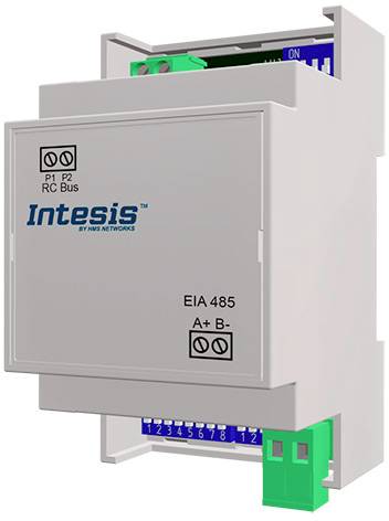 Kućište 'Intesis' s EIA 485 oznakom. Prikazuje priključke i indikatore povezivosti. Koristi se za mrežnu elektroniku.