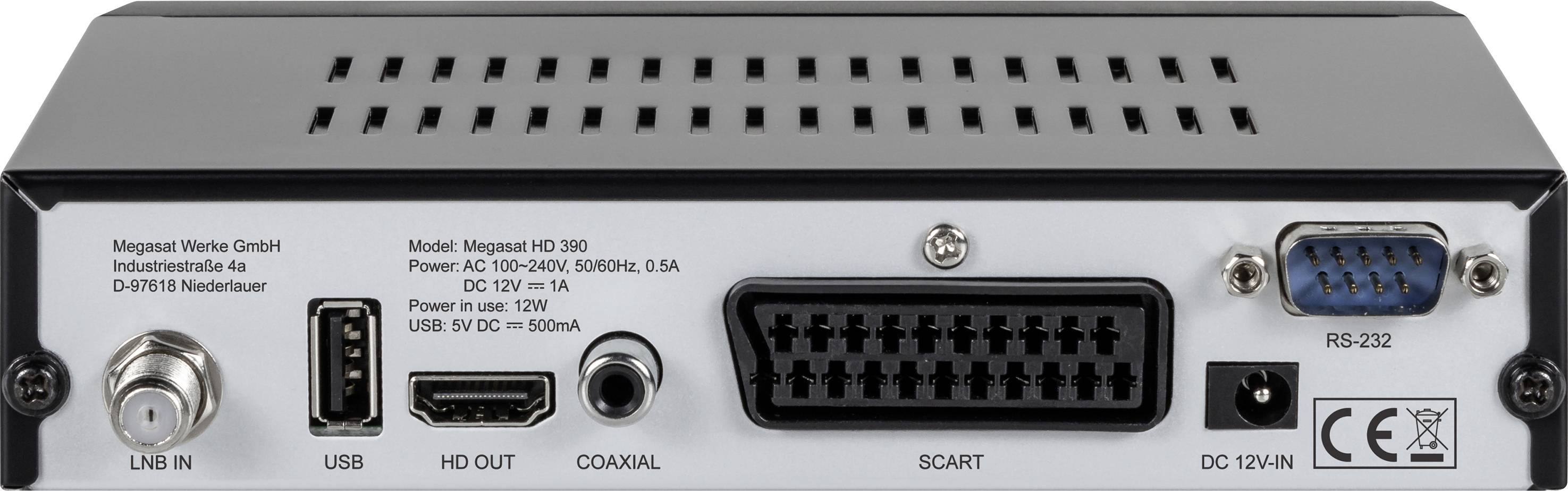 Pogled straga digitalnog prijemnika s priključcima: USB, HDMI, COAXIAL, SCART, RS-232 i mrežni utikač. Model: Megasat HD 350.