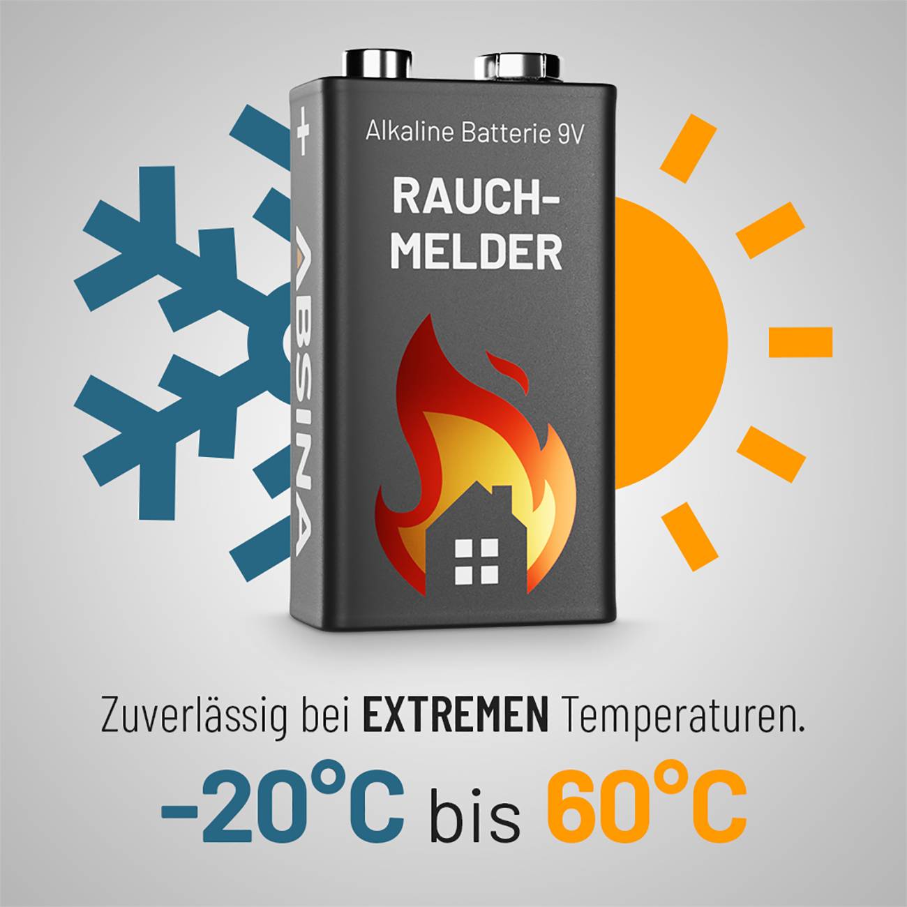 9V baterija s natpisom "Detektor dima". Simboli za hladnoću i toplinu. Tekst: "Pouzdana pri ekstremnim temperaturama od -20°C do 60°C".
