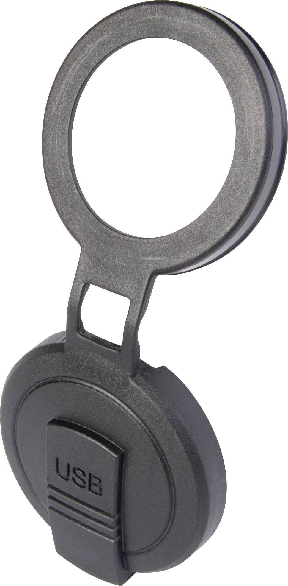 Crni, okrugli poklopac USB priključka s integriranom ušicom za vješanje.