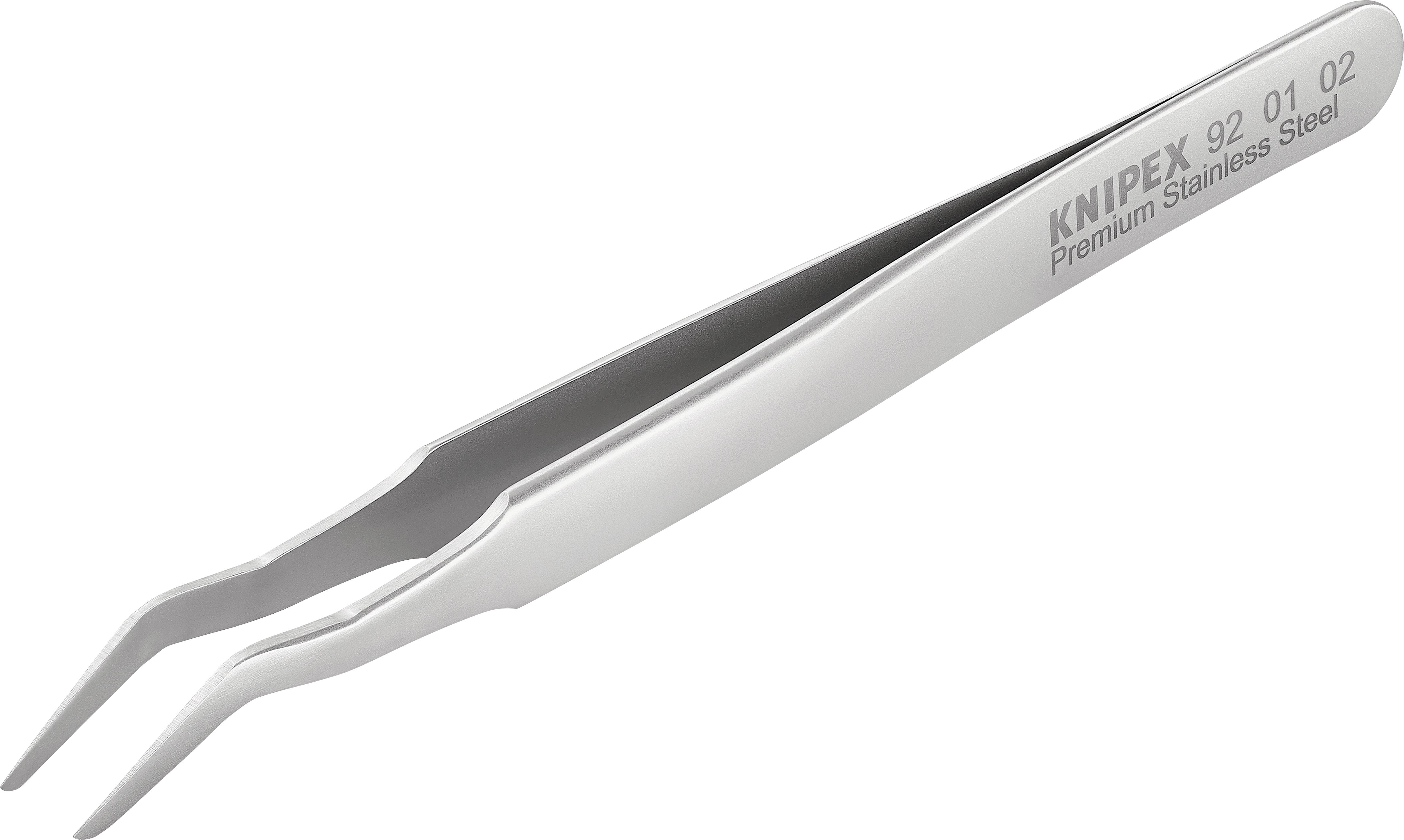 Metalna pinceta sa savijenim vrhovima i natpisom 'KNIPEX 92 01 02 Premium Nehrđajući čelik'.