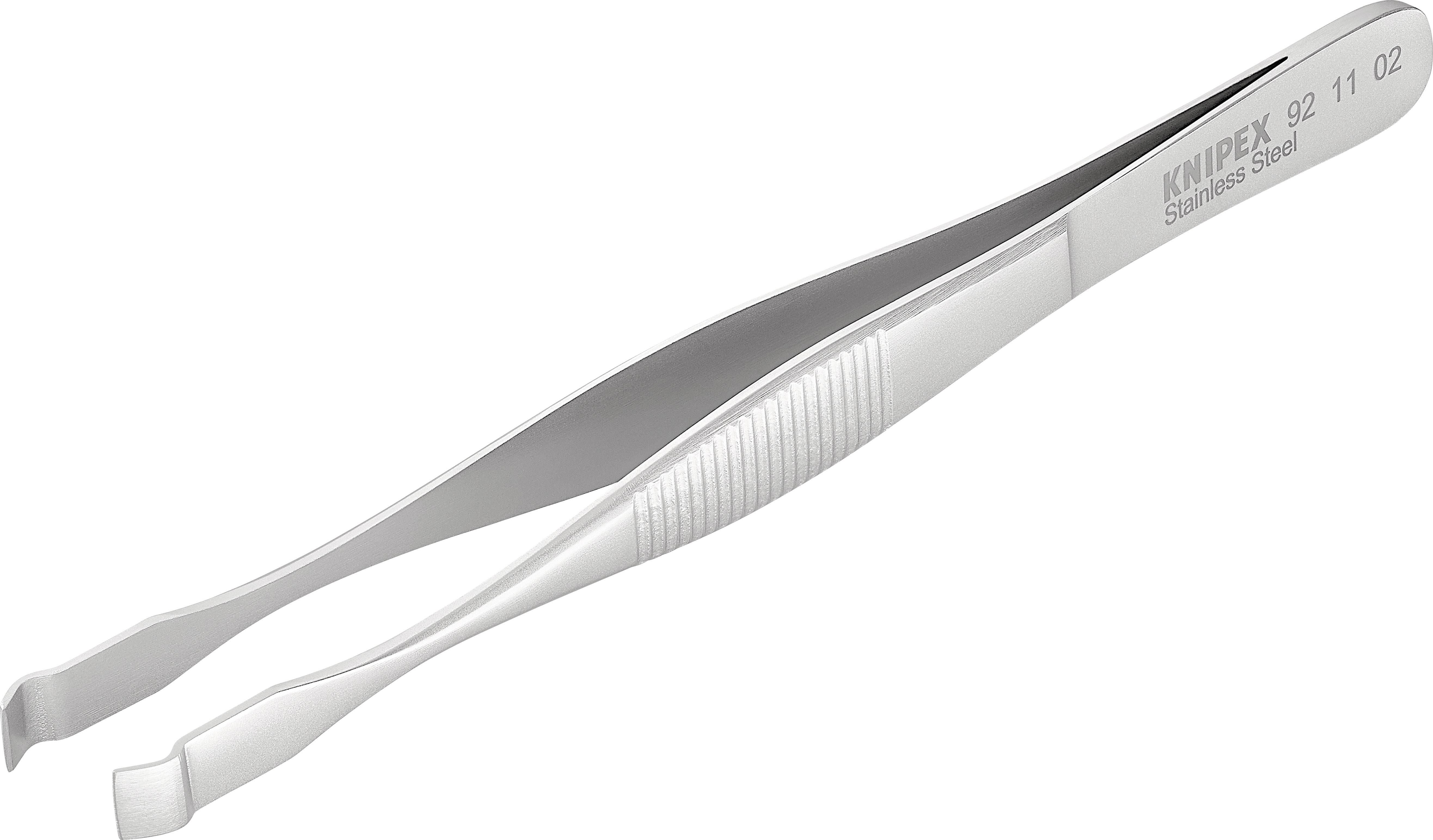 Srebrna pinceta s rebrастom ručkom. Na strani piše 'KNIPEX Nehrđajući čelik 92 11 02'.