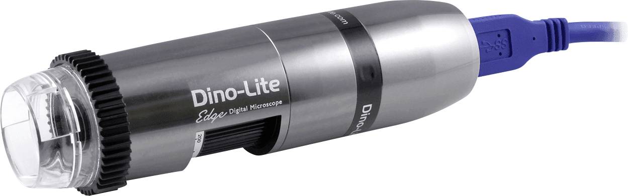Prijenosni digitalni mikroskop s USB priključkom, srebrne cilindrične forme i crnog fokusnog prstena, oznake 'Dino-Lite'.