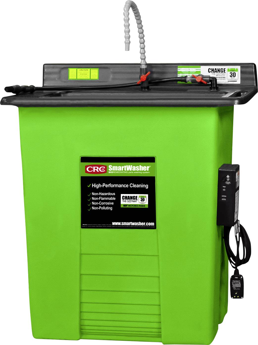Zeleni CRC SmartWasher za čišćenje visokih performansi, uključujući naljepnice s sigurnosnim i uputama za održavanje.