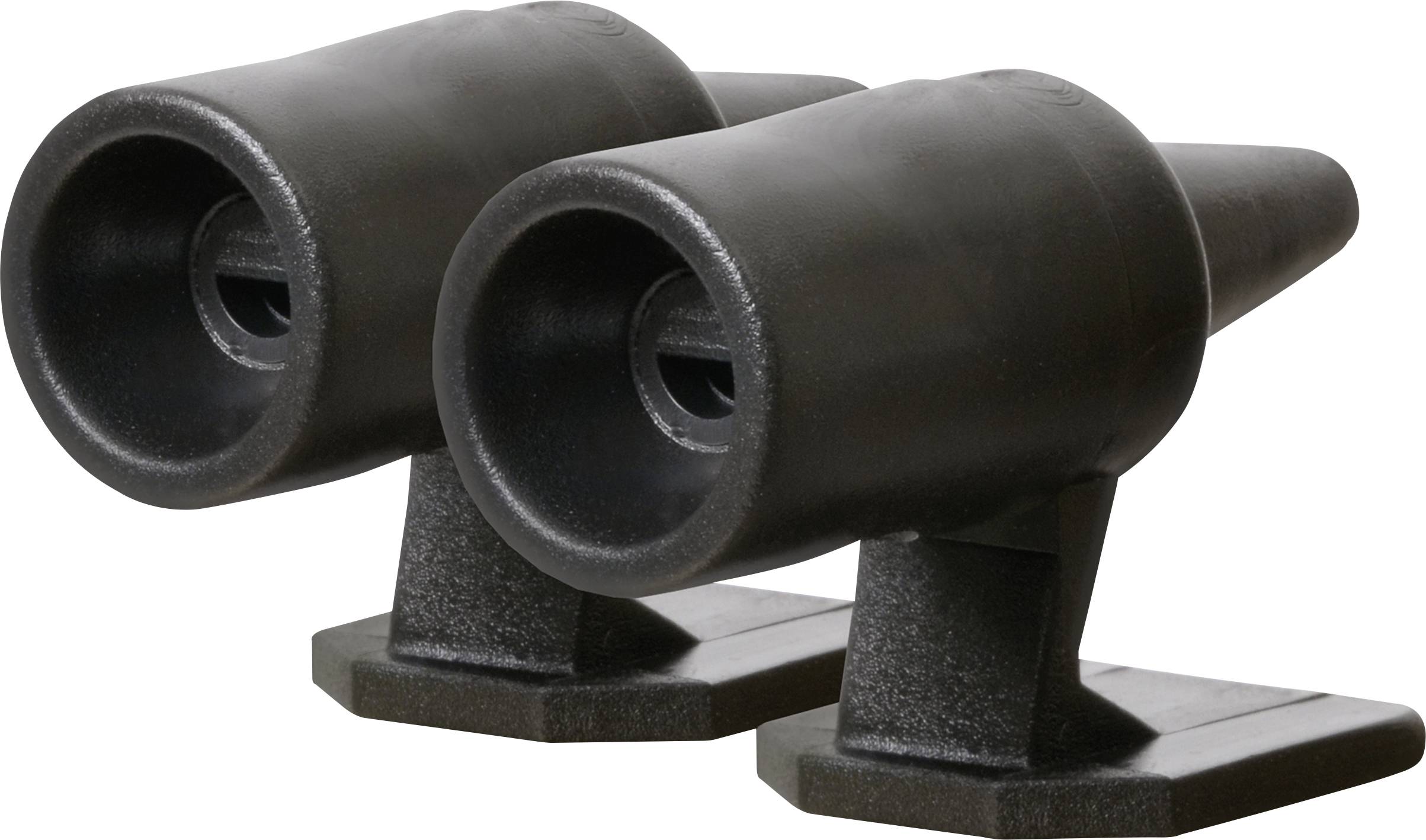Dva crna plastična dijela s cjevastim izljevima, postavljeni na pravokutne postamente, usmjereni su u istom smjeru.