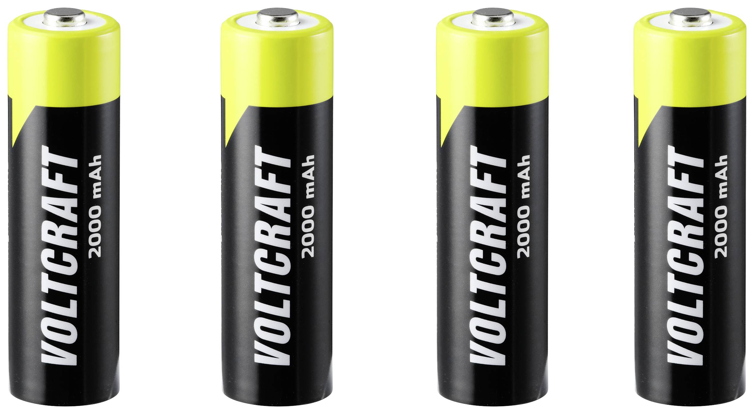 Četiri crne AA baterije sa žutim vrhom, s natpisom 'VOLTCRAFT 2000 mAh'.