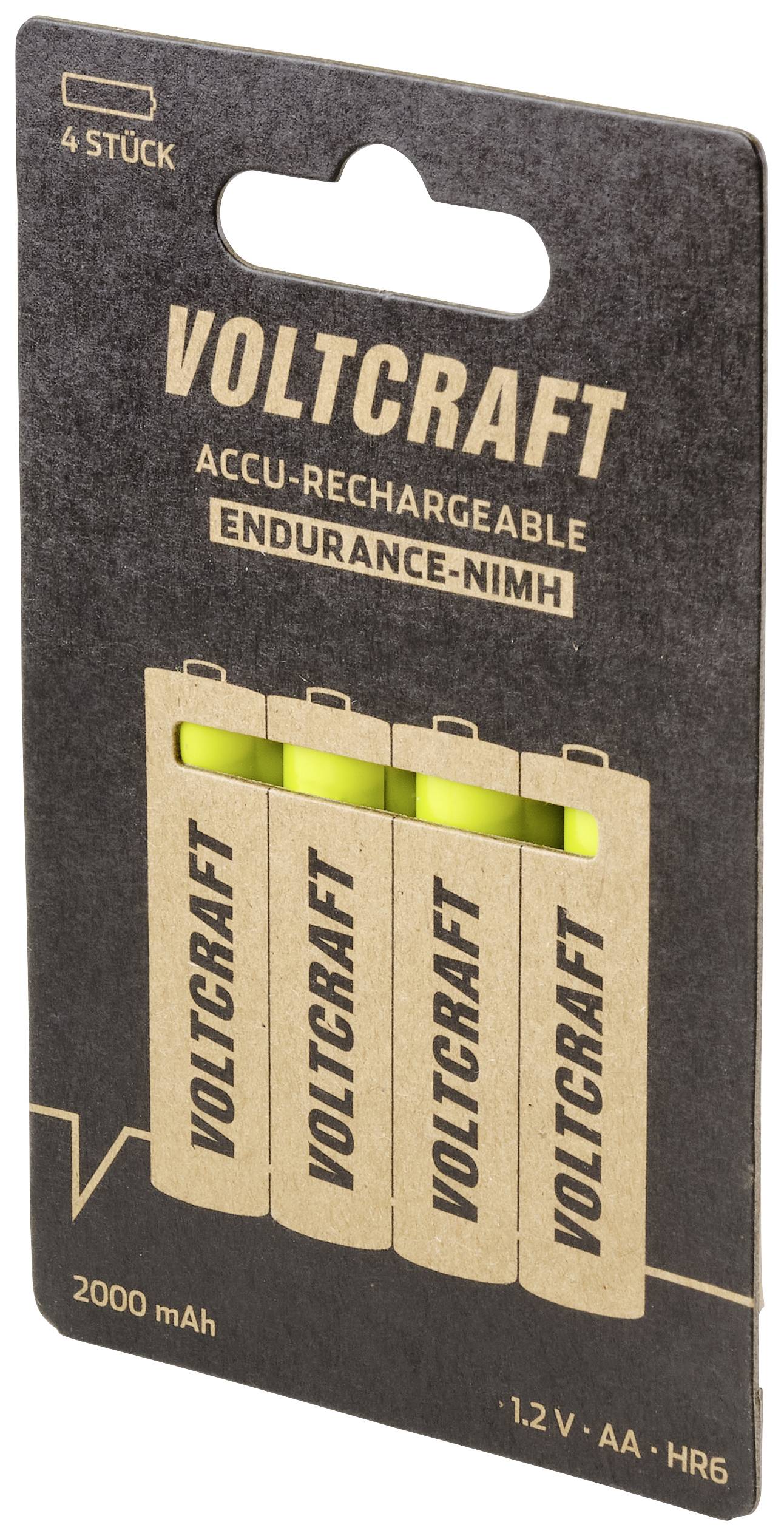 Četiri AA NiMH punjive baterije marke Voltcraft, kapaciteta 2000 mAh, složene okomito u pakiranju.