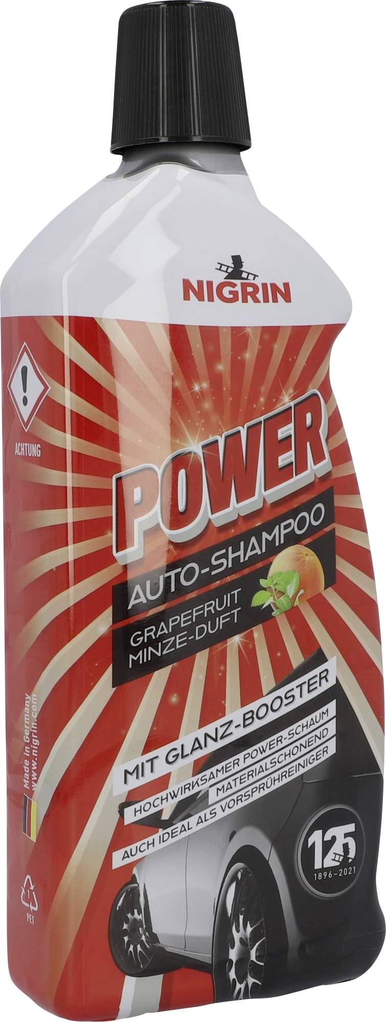 Crvena plastična boca Nigrin Power Auto-Šampona, miris grejpfruta i metvice. Sadrži sjajni booster za intenzivno čišćenje.