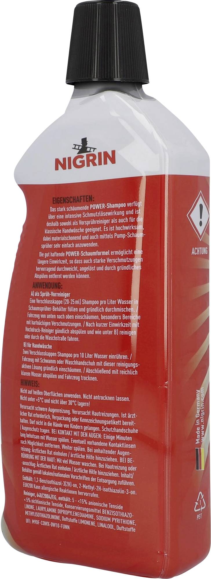 Boca s crvenom etiketom od Nigrina. Sadrži upute za upotrebu i sigurnosna upozorenja. Vidljiv simbol za opasne tvari.