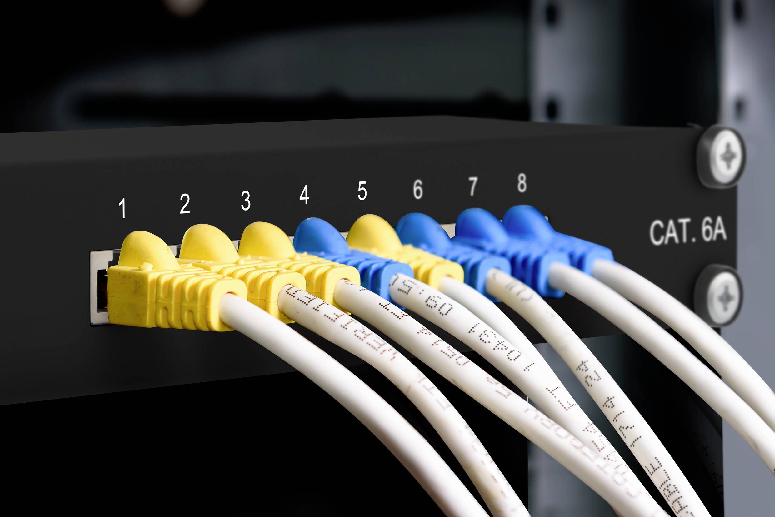 Žuti i plavi Ethernet kablovi spojeni s mrežnim switchemCAT 6A, numerirani od 1 do 8.
