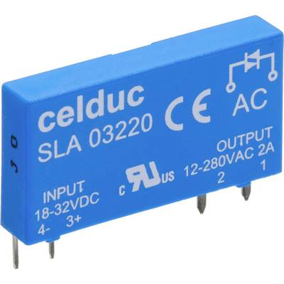 Plava električna relejna jedinica marke 'celduc', model 'SLA 03220'. Prikazuje naponske vrijednosti: ULAZ 18-32VDC i IZLAZ 12-280VAC 2A.