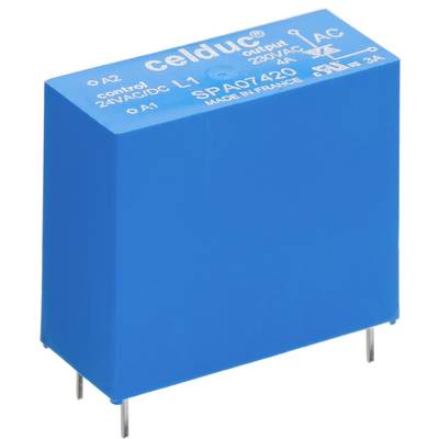 Plavi, pravokutni elektronički komponenta-relej od Celduca s metalnim priključcima i bijelim natpisom 'AC 230V 40A'.