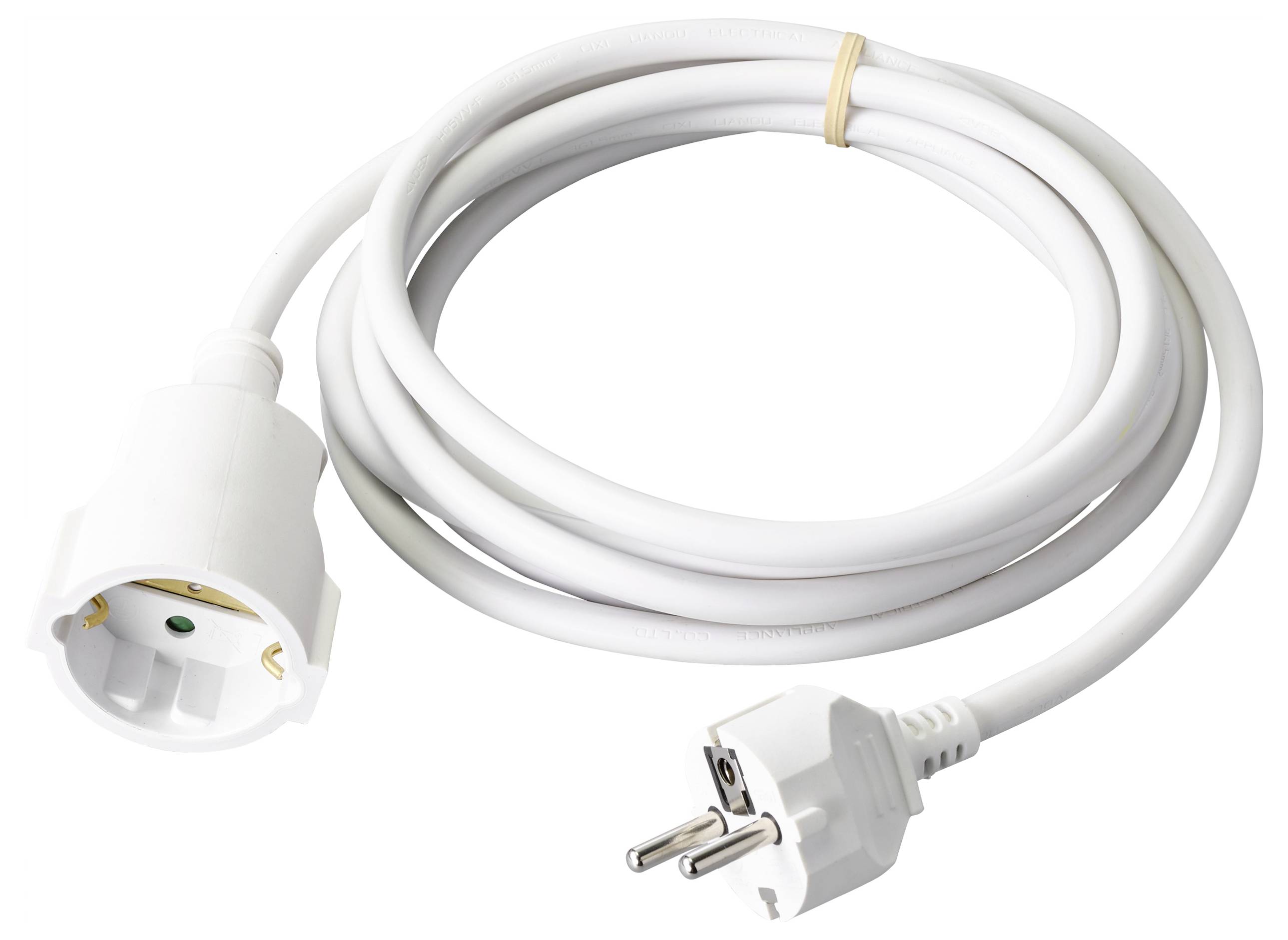 Bijeli električni produžni kabel s europskom dvozubnom utikačem i odgovarajućom utičnicom na običnoj pozadini.
