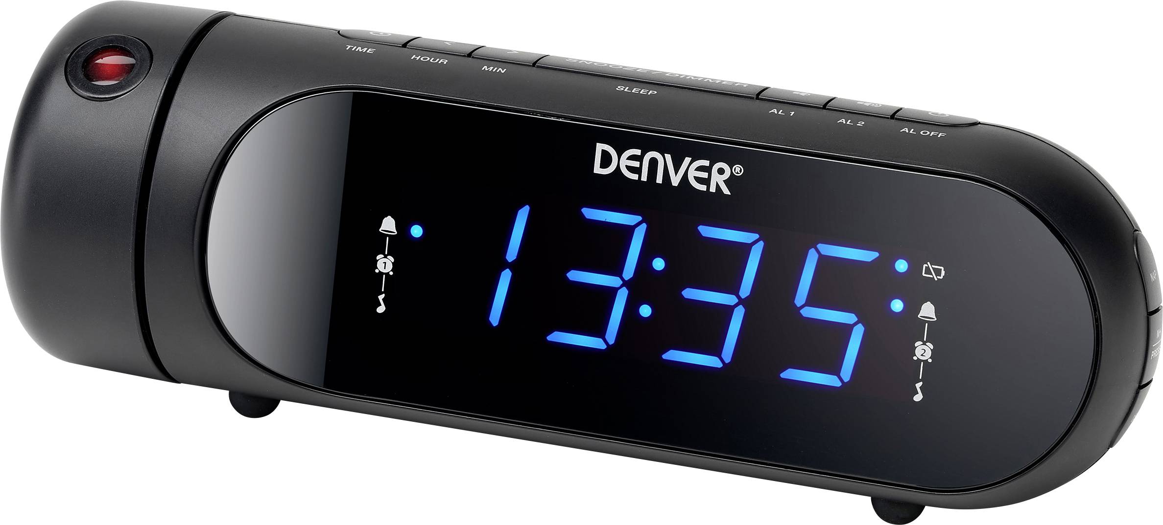 Crni digitalni sat s plavom LED zaslonu prikazuje '13:35'. Na vrhu se nalaze tipke za različite funkcije.