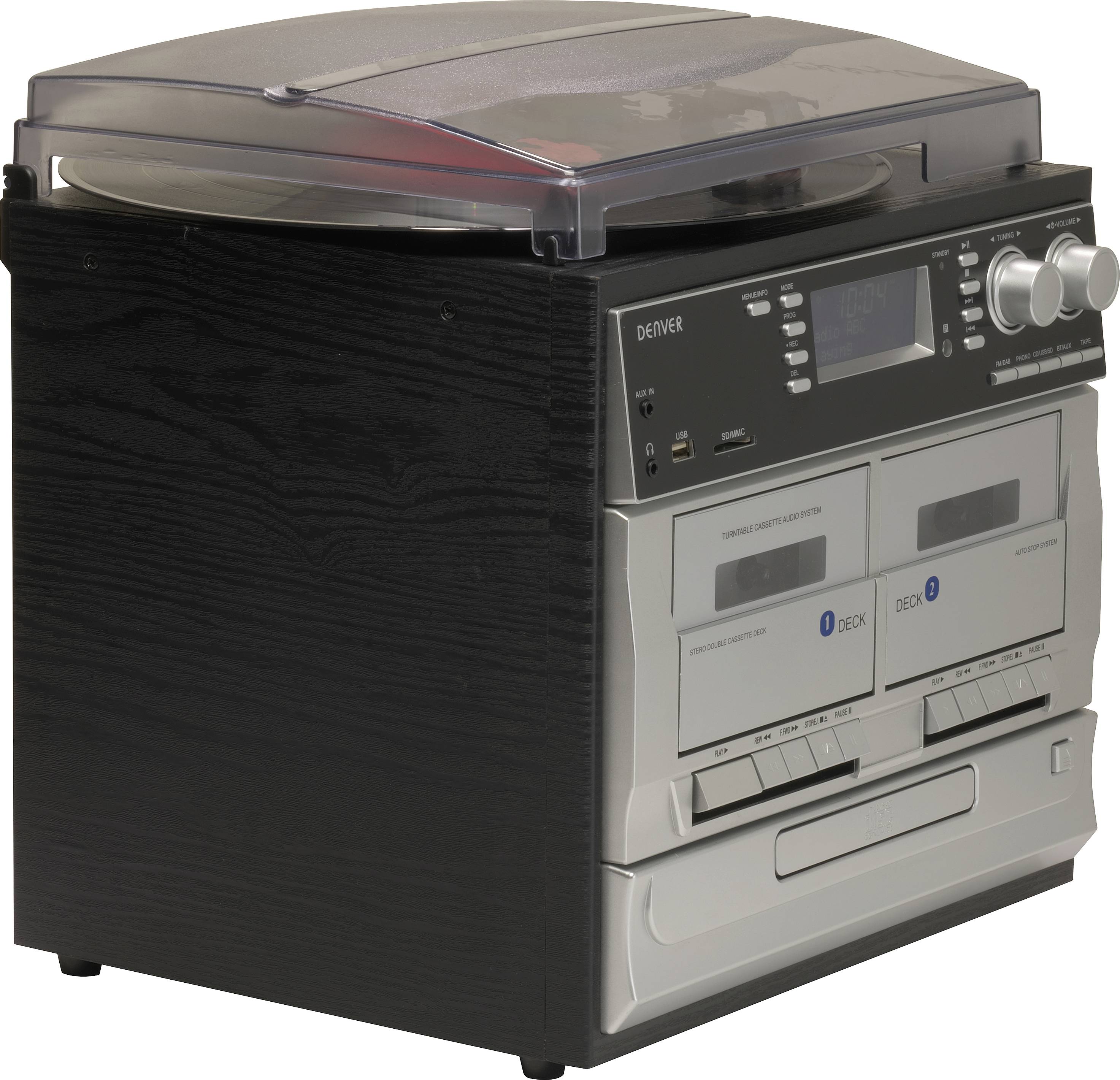 Stereo sustav s gramogramofonom, kazetnim magnetofonom, radijem i CD playerom. Dizajn je moderan s drvenim kućištem.