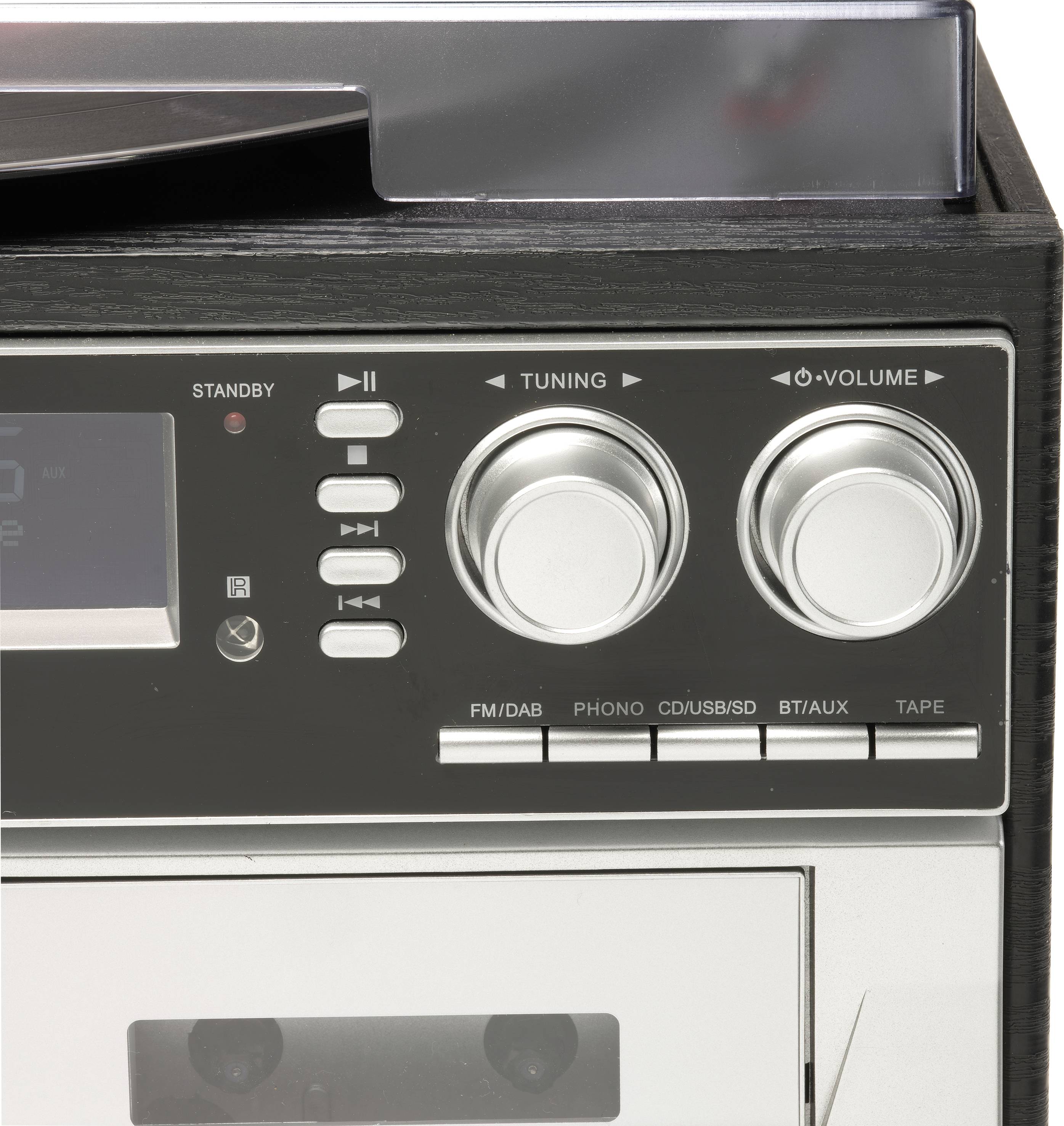 Dio stereo uređaja s tipkama za 'Tuning' i 'Volume', te gumbima za različite ulazne izvore poput 'CD/USB/SD' i 'Tape'.