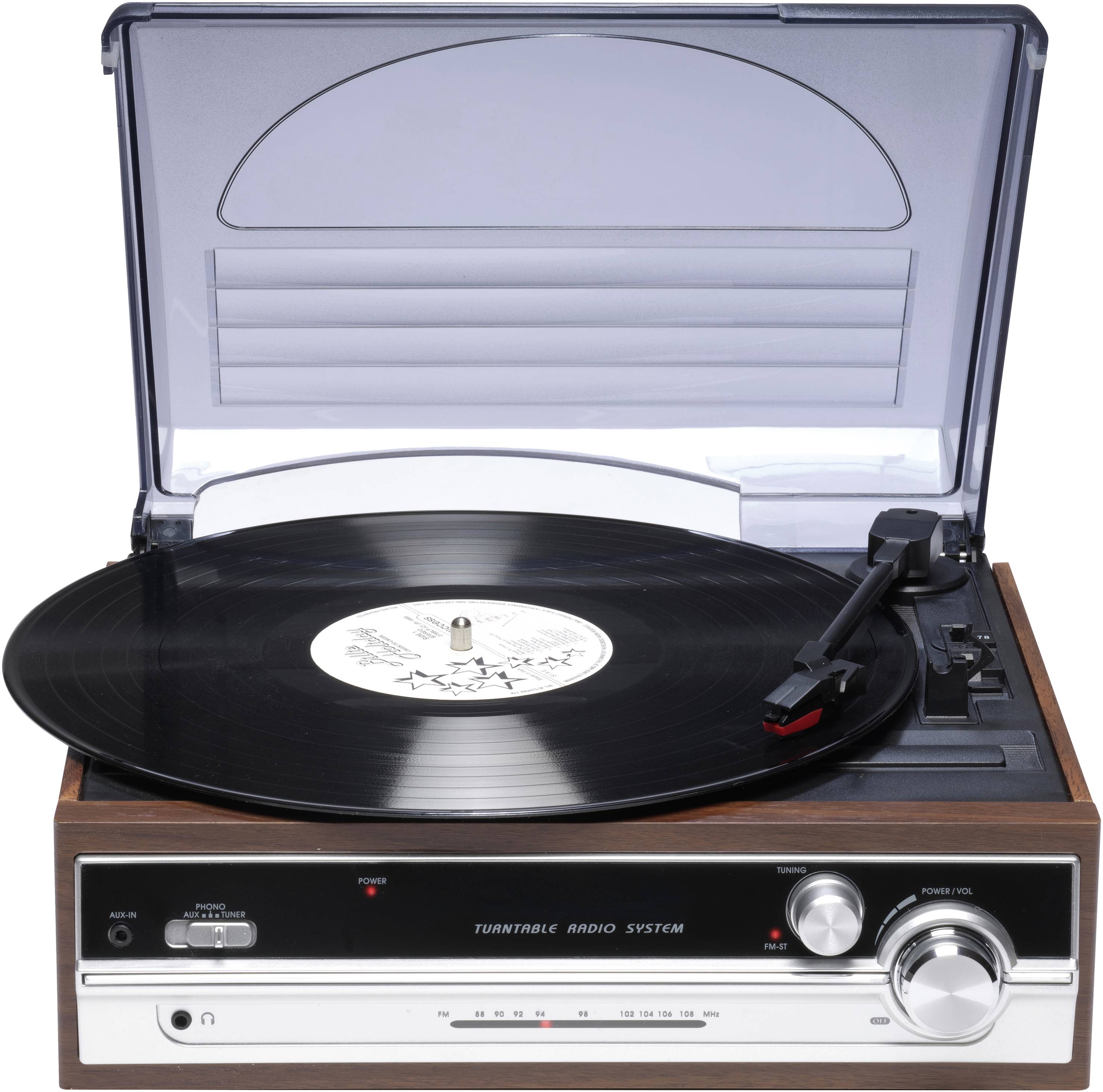 Gramofon u retro stilu s postavljenom gramofonskom ploču, poklopac za zaštitu od prašine je otvoren. S lijeve strane nalaze se upravljačke ručice i indikatori.