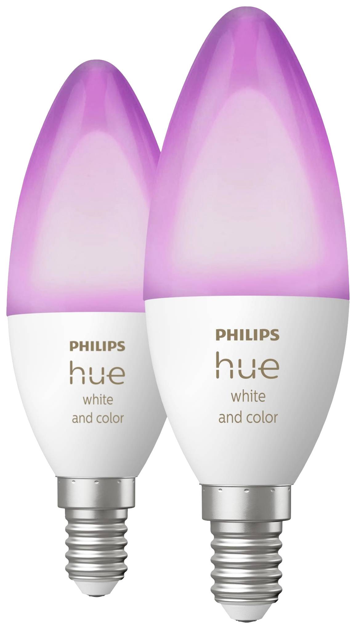 Dvije Philips Hue žarulje, bijele i obojene, s E14 灯座, pokazuju prilagodljivost boja svjetla za pametno osvjetljenje.