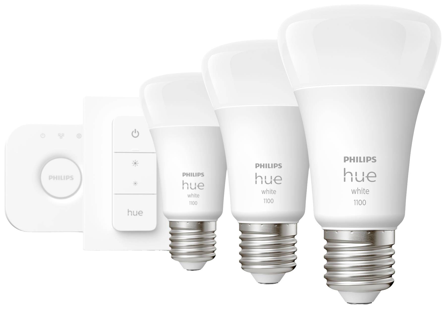 Tri Philips Hue White 1100 LED žarulje i uređaj za pametno upravljanje kućanstvom; inteligentno upravljanje rasvjetom za dom.