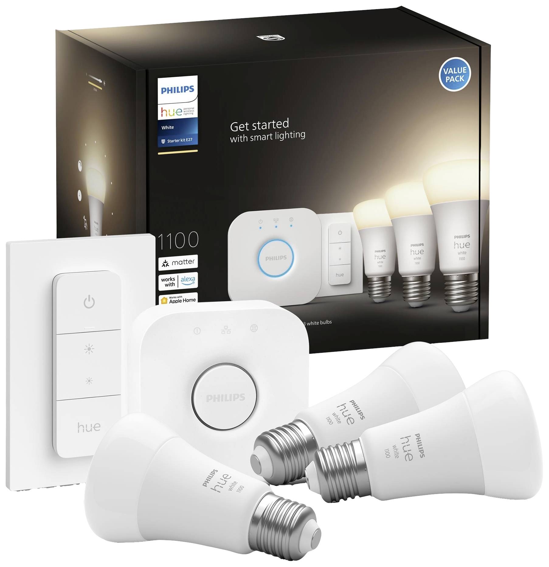Philips Hue početni komplet s tri pametne LED žarulje, prigušivačem i mostom. Pozadina ambalaže prikazuje mogućnosti primjene.