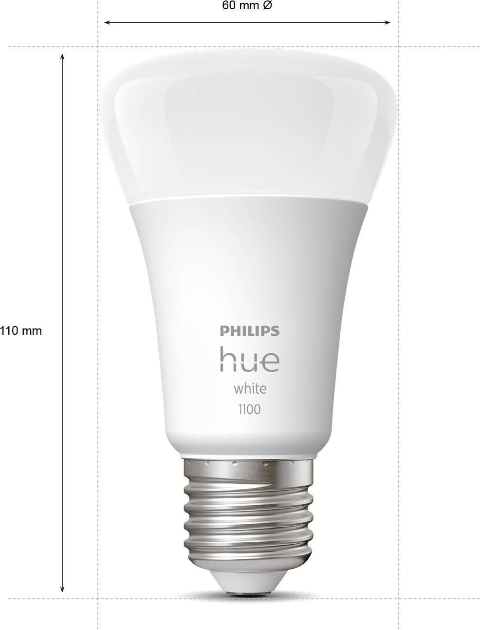 Bijela LED žarulja s E27 Contact bazom, Philips Hue bijela 1100. Dimenzije: 110 mm visoka, 60 mm promjera.