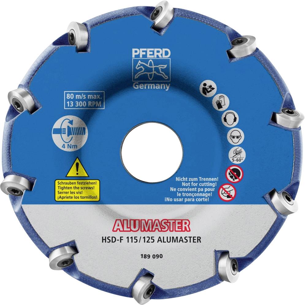'ALUMASTER HSD-F 115/125' Glodalna ploča za aluminij od PFERD-a. Brzina vrtnje do 13.300 o/min, maks. 4 Nm. Sigurnosne napomene.