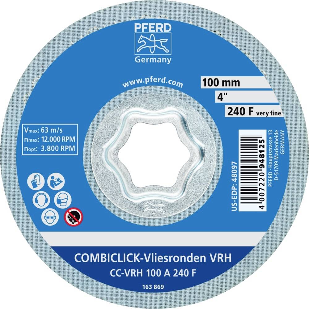 'COMBICLICK-Vliesronden VRH' brusni disk od Pferda, promjer 100 mm, granulacija 240 F. Maksimalna brzina 63 m/s, maksimalno 12.000 o/min.