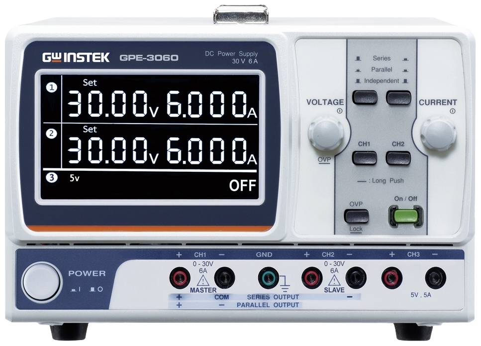 Laboratorijski mrežni uređaj s dva kanala koji prikazuje napon i struju. Zaslon prikazuje: '30,00V', '6,000A', tipka za uključivanje/isključivanje.
