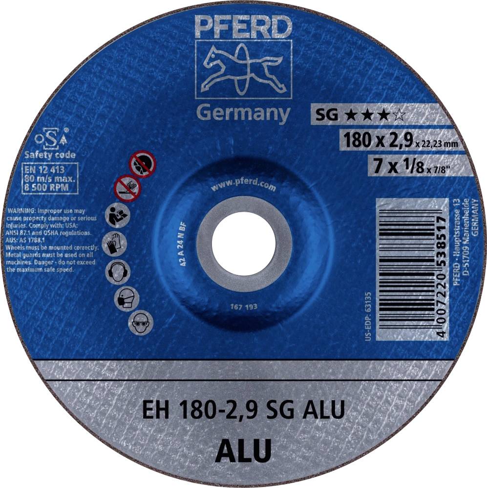 'Brusni disk marke PFERD, model SG ALU, promjera 180 mm, debljine 2,9 mm, pogodan za aluminij.'