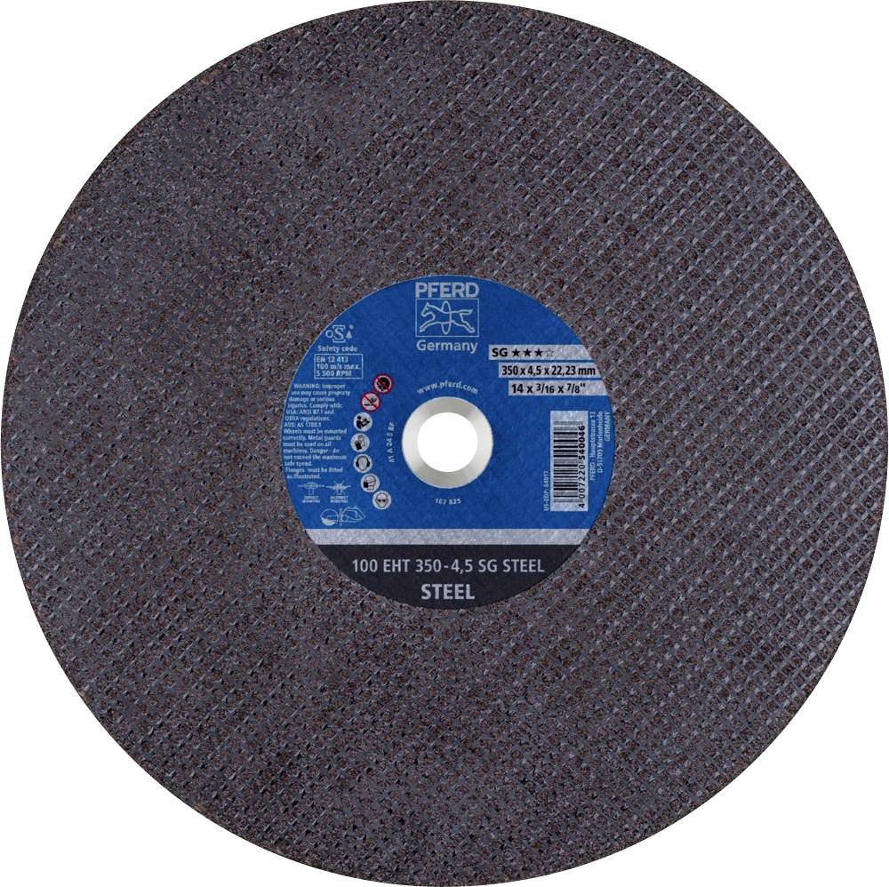 Okruti rezni brusni disk hrapave, tamne površine. U sredini je plava naljepnica s tehničkim specifikacijama.