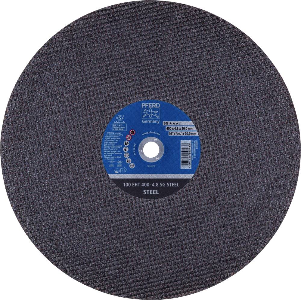 'Brusni disk s plavim središtem, natpis: 100 EXT 400-4.8 SG, čelik. Pogodan za rezanje čelika brzinom od 40 m/s.'