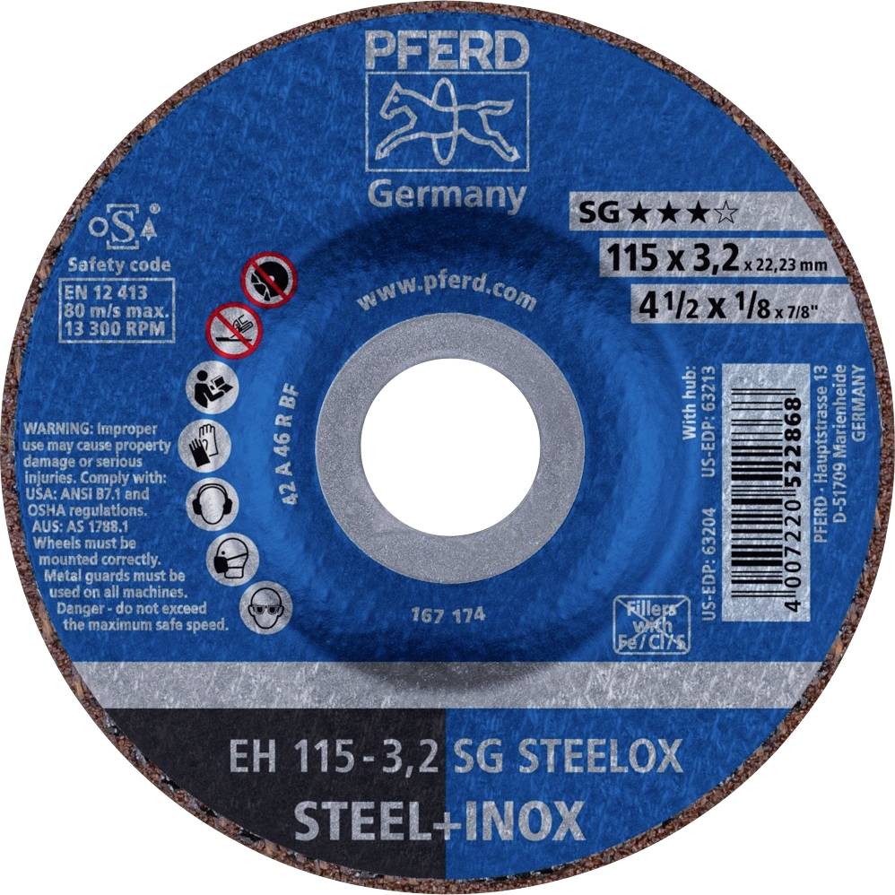 Rezna ploča s natpisom 'EH 115-3,2 SG STEELOX STEEL+INOX', pogodna za čelik i nehrđajući čelik, promjera 115 mm, debljine 3,2 mm.