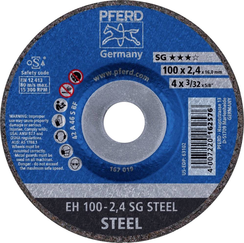 Brusni disk PFERD-a sa sigurnosnim podacima, specifikacijama poput 100 x 2,4 mm, pogodan za SG-čelik, maksimalna brzina vrtnje 15.300 o/min.