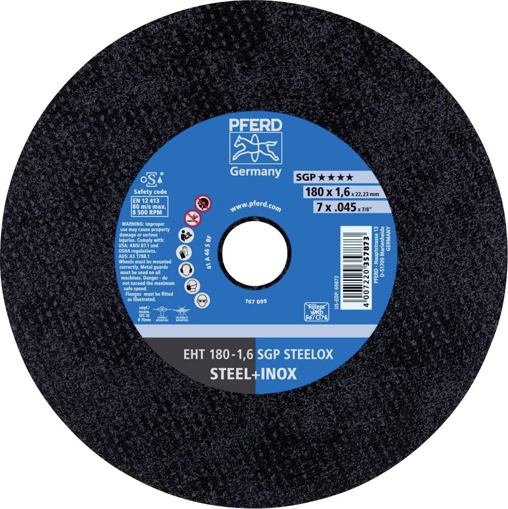 Brusni disk tvrtke PFERD Germany, model SGP STEELOX. Promjer 180 mm, debljina 1,6 mm, pogodan za čelik i nehrđajući čelik.