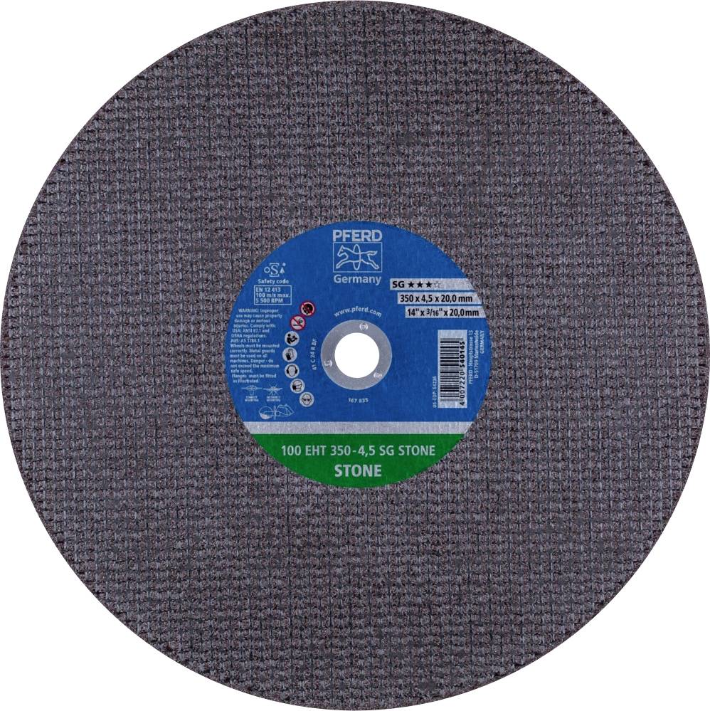 Okruti brusni disk s plavom sredinom i natpisom 'PFERD Germany'. Tekst: 'STONE', dimenzije: 350 x 4,5 x 20 mm.