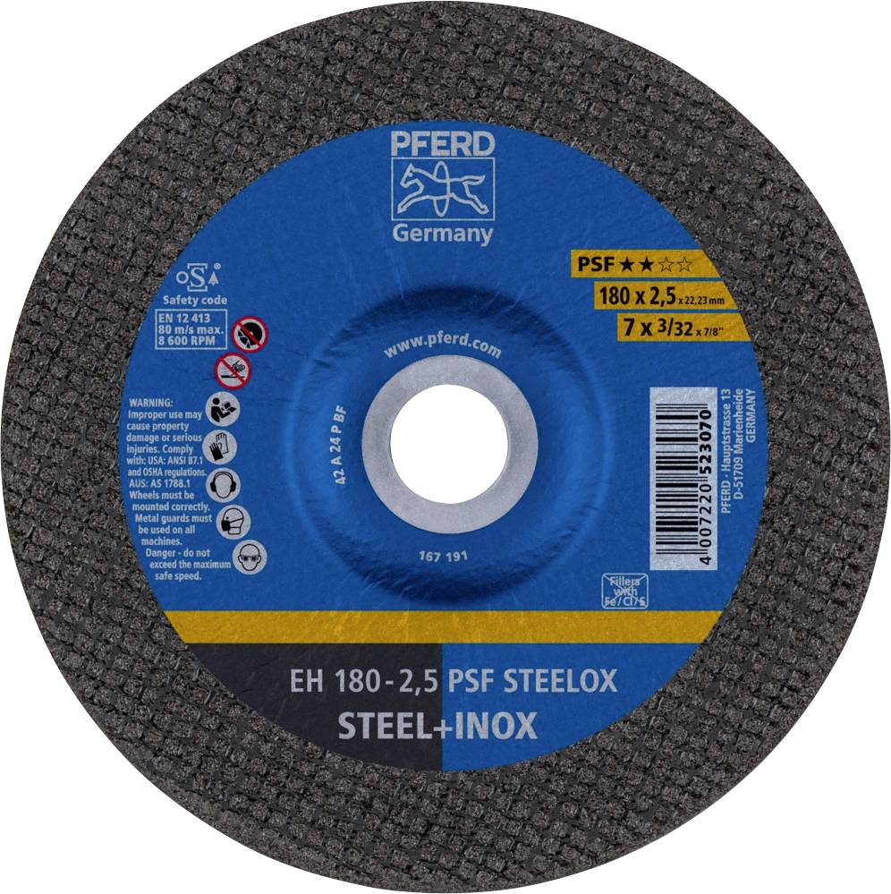 Brusni disk marke PFERD, pogodan za čelik i nehrđajući čelik, dimenzija 180 x 2,5 mm s plavim sredinom.