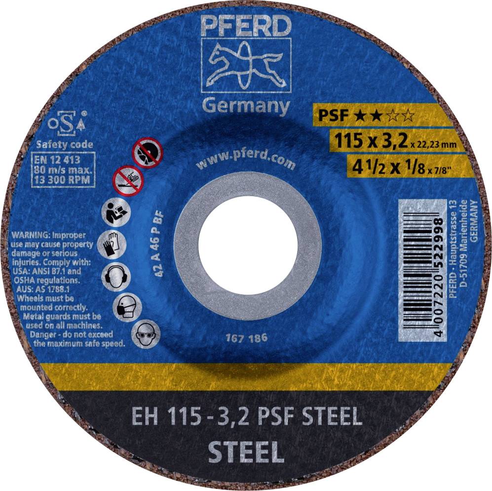 Brusni disk s logom 'PFERD Germany', promjera 115 mm, debljine 3,2 mm. Namjena obrada čelika, sigurnosne napomene.