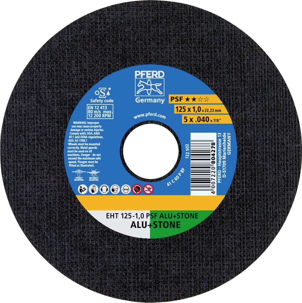 Brusni disk 'PFERD Germany' za metal i kamen, promjer 125 mm, debljina 1,0 mm, max. 12.200 o/min, sigurnosne oznake vidljive.
